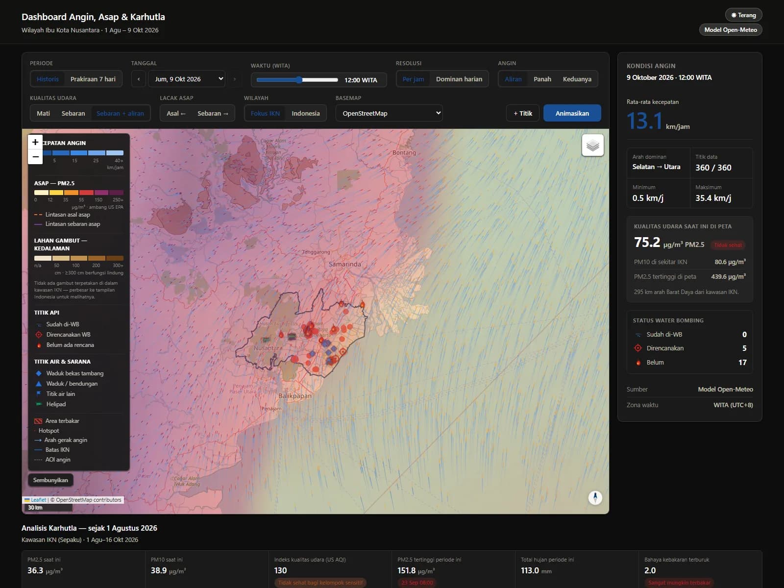 Karhutla IKN — Visualisasi Angin, Asap & Kebakaran Hutan